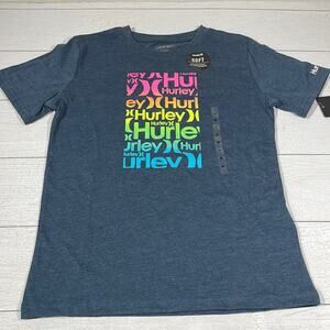 Hurley Heathered Blue Tee with Neon Rainbow Logo Medium